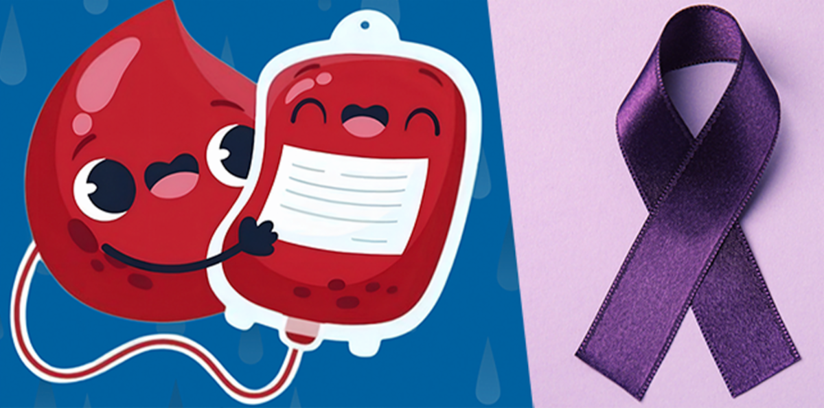 Collage of blood bank illustration and Domestic Violence Ribbon