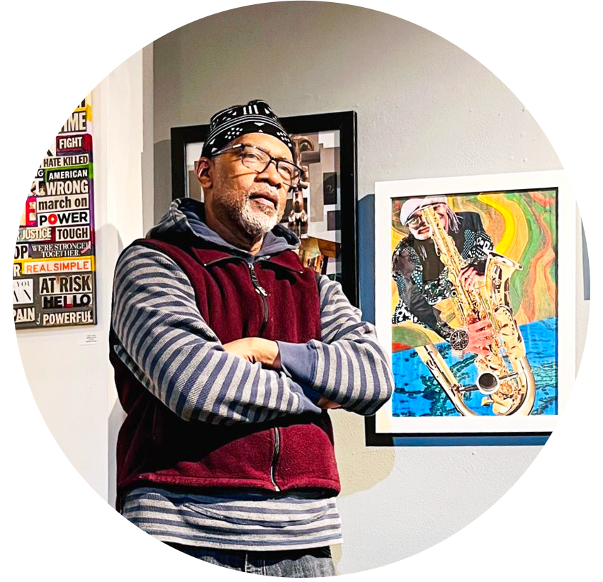 Shelton stands near his art in thumbnail photo