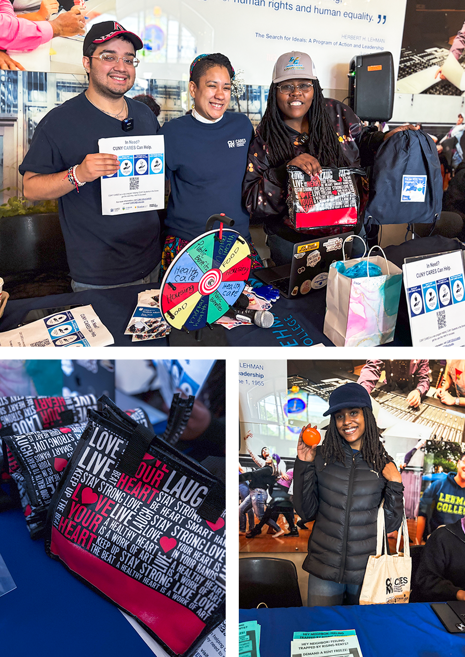 Photo collage of students displaying CUNY Cares, products and swags.