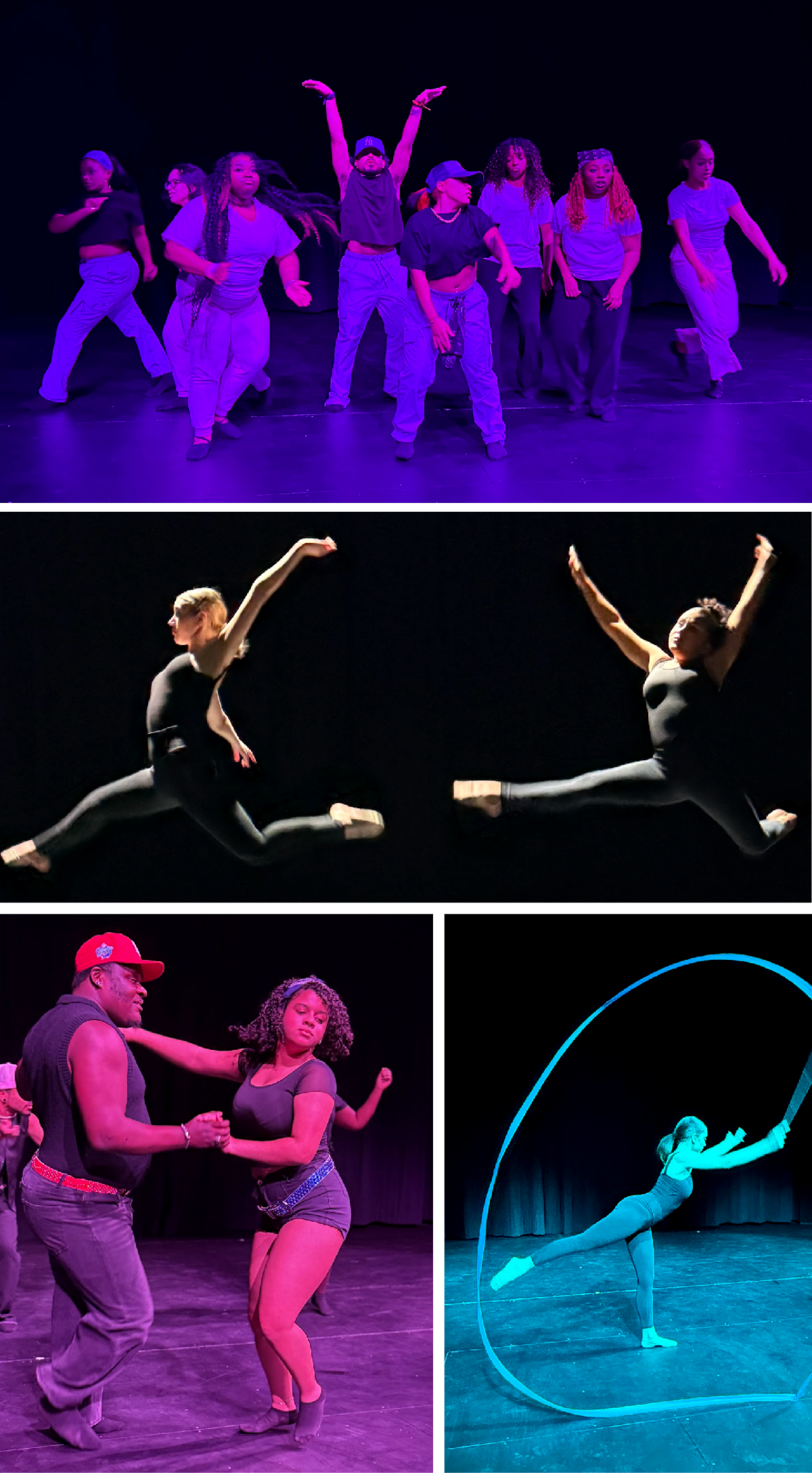 Collage of dancers leaping and more