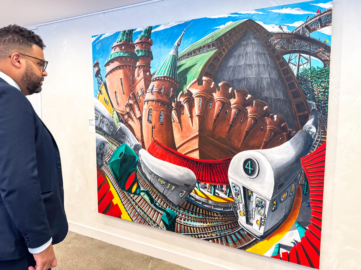 Fantastical painting of armory and 4 train, distorted in a dreamlike swirl