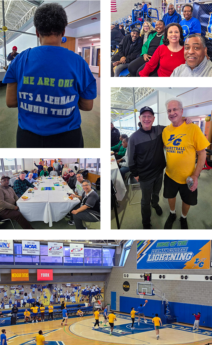 Collage of Basketball and alumni photos with lightning swag