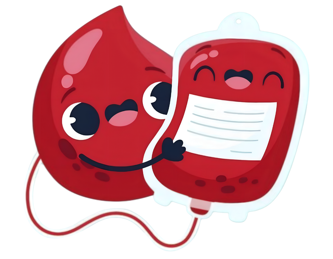 Cutesy illustration of a blood drop embracing a blood bag