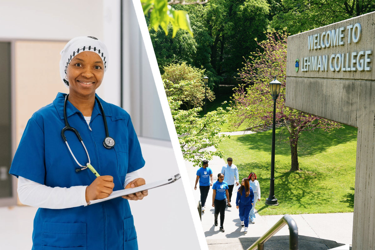 Split screen photo of a nurse and welcome to lehman college campus sign