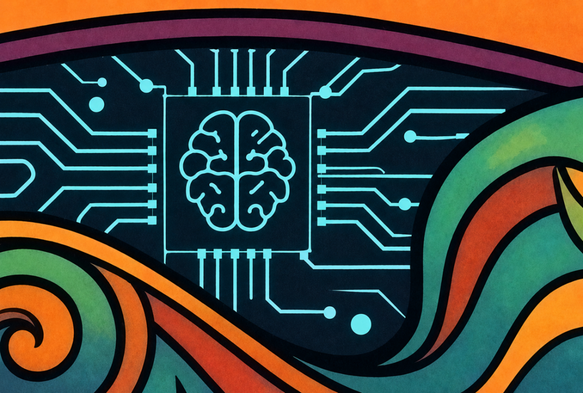 Funky seventies swirls with illustration of brain and tech imagery