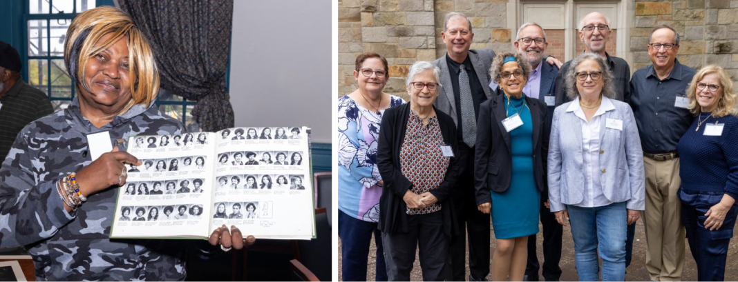 Alum with Yearbook, Group of Alums outside Music Building