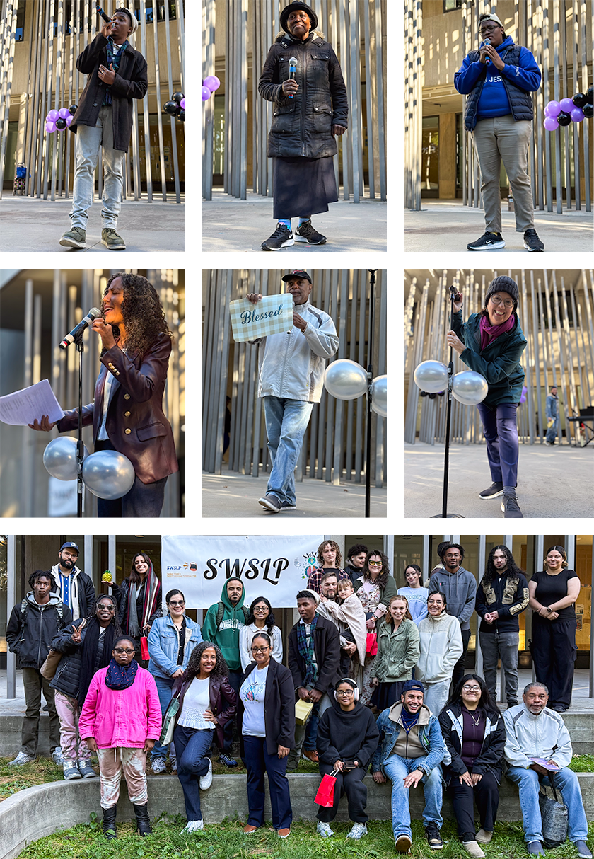 Collage of photos of event stage with speakers and participants