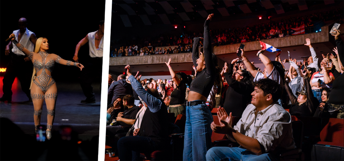 Ivy Queen onstage with cheering audience