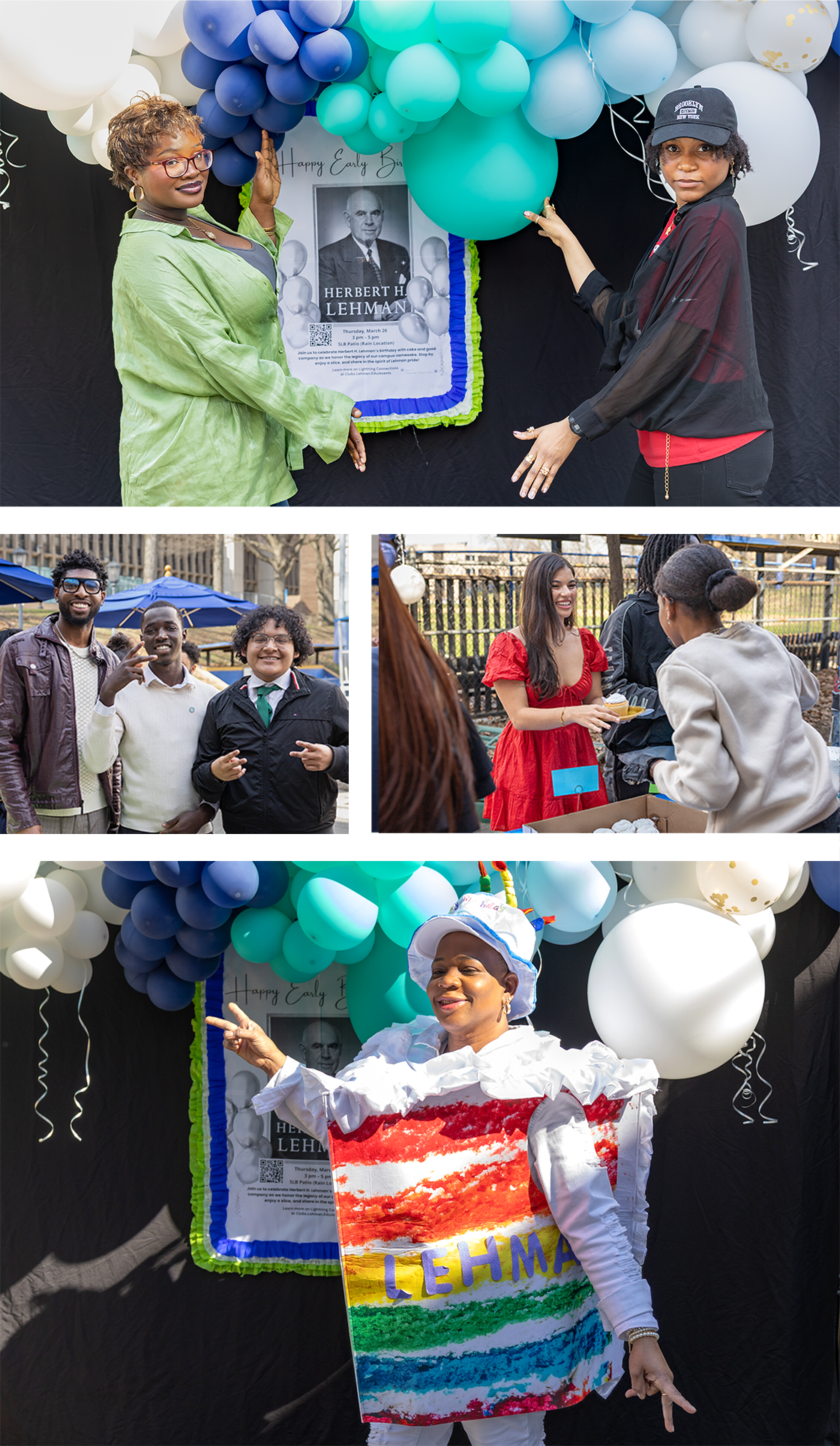 Collage of birthday photos including Mary Morfe in a cake costume