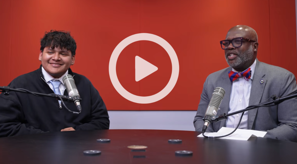 Host VP Jermaine Wright speaks with Lehman College SGA President Michael Galindo
