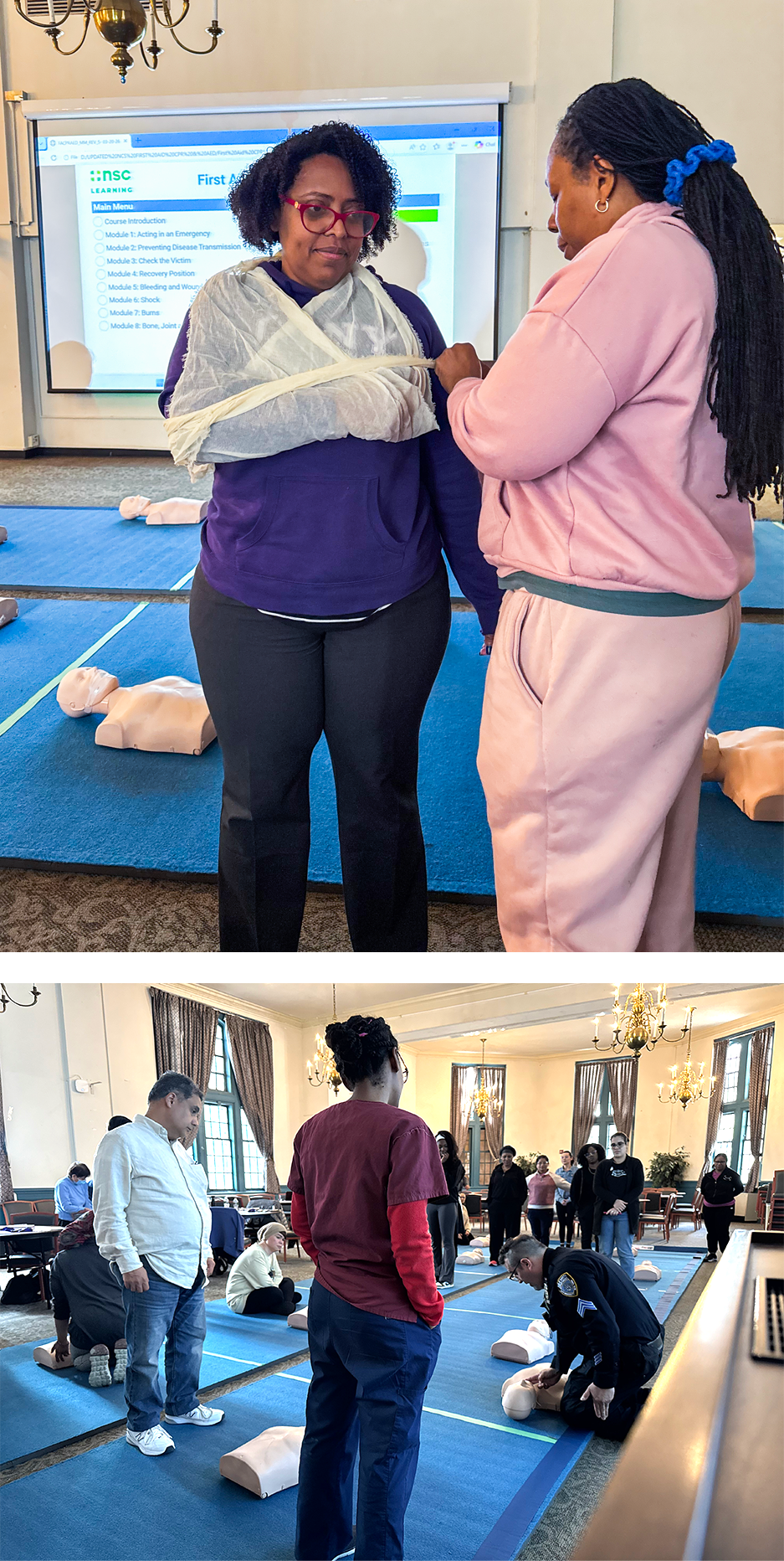 A staff member is given a bandage and public safety works with a CPR dummy