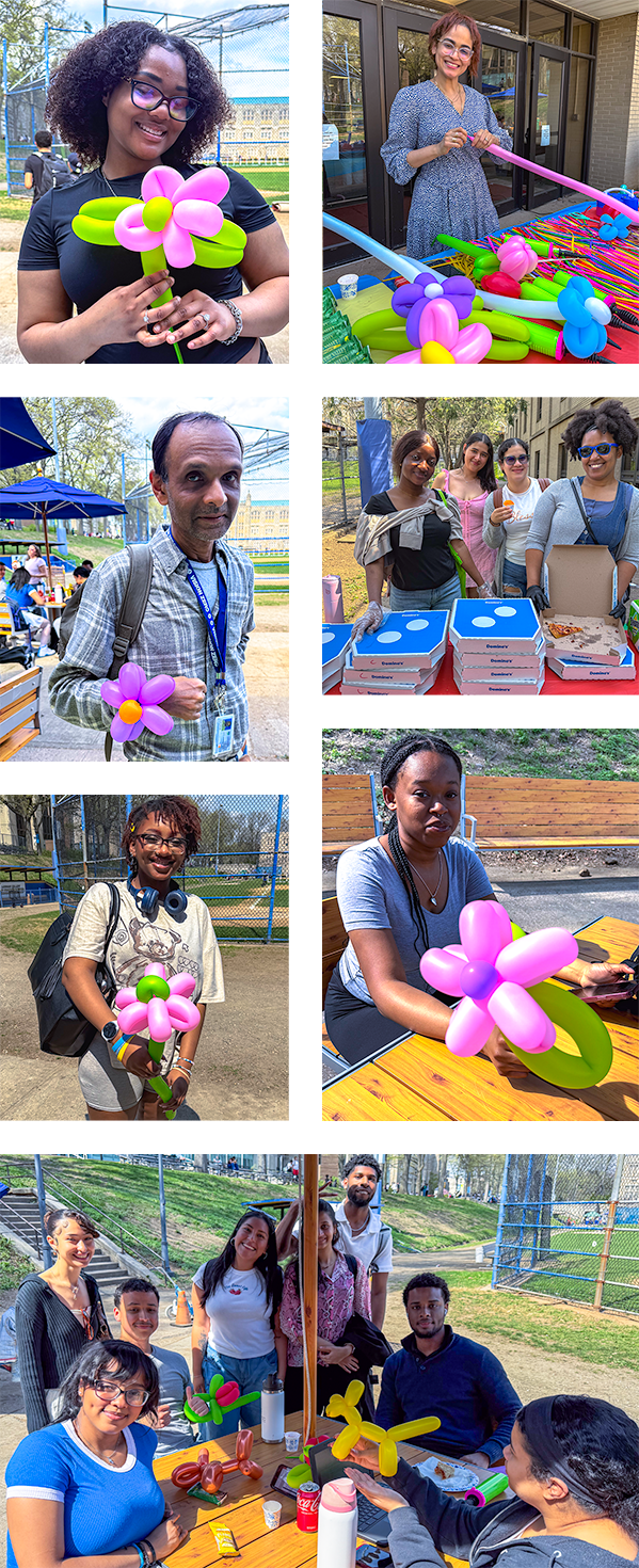 Collage of students with colorful balloon creations outside