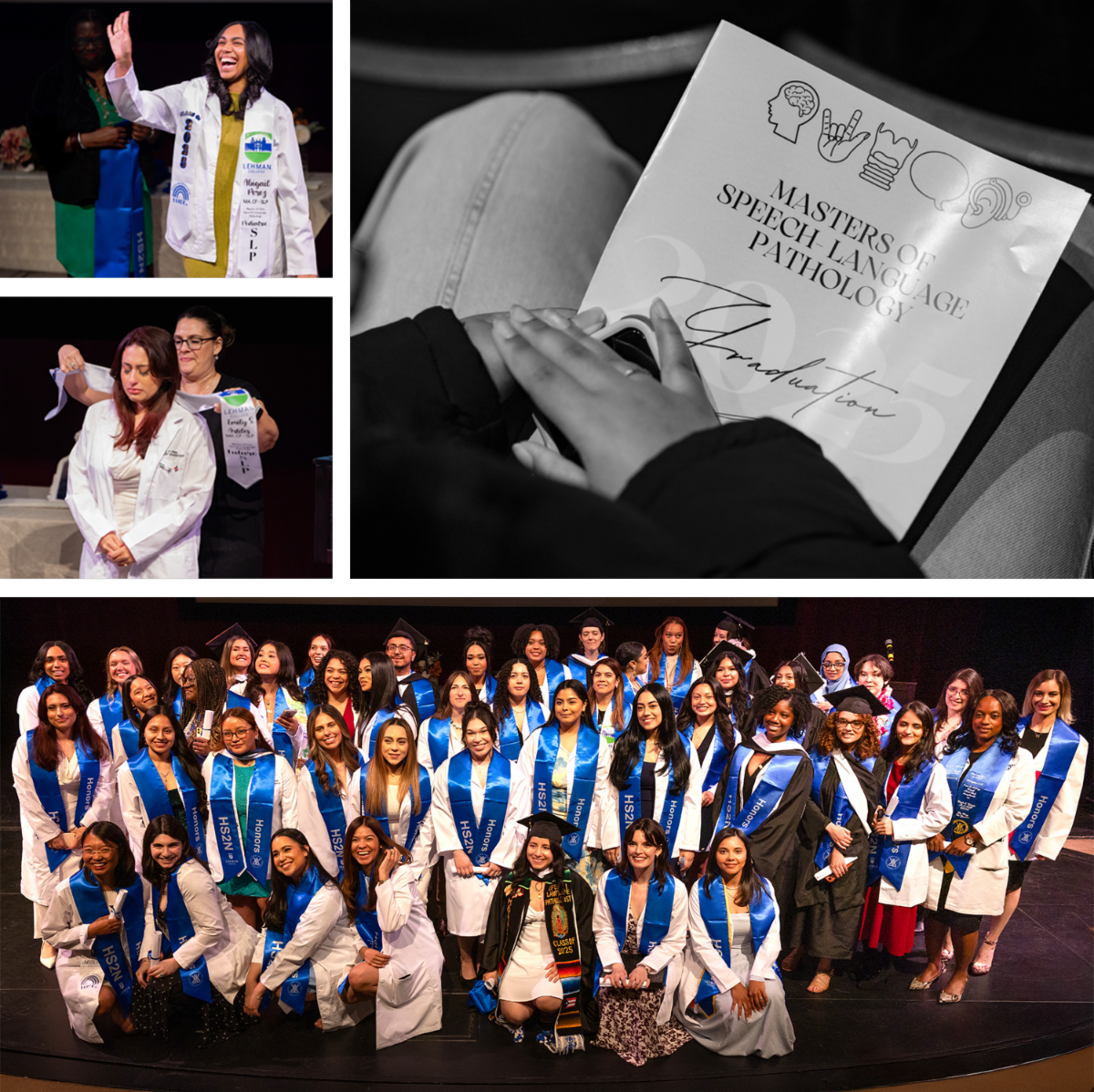 Collage of photos of grads in white coats with blue sashes