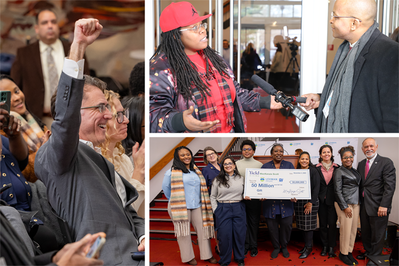 Collage of event images including press interview