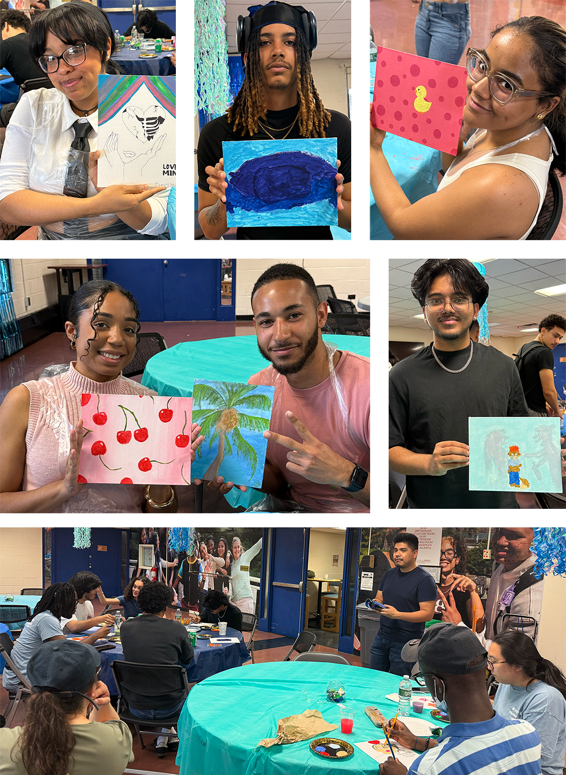 Photo collage of students with paintings the represent relationships