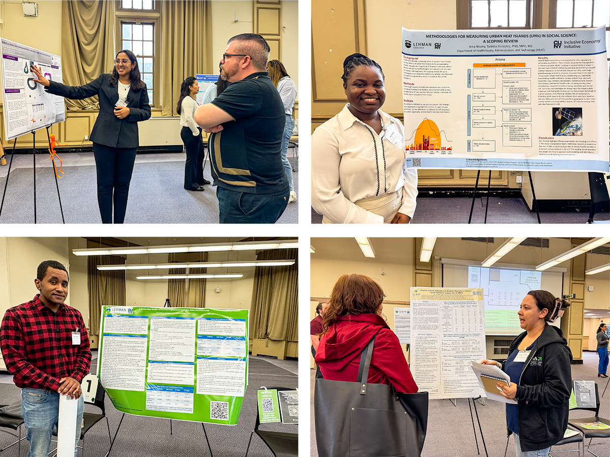 4 photos of students at their posters