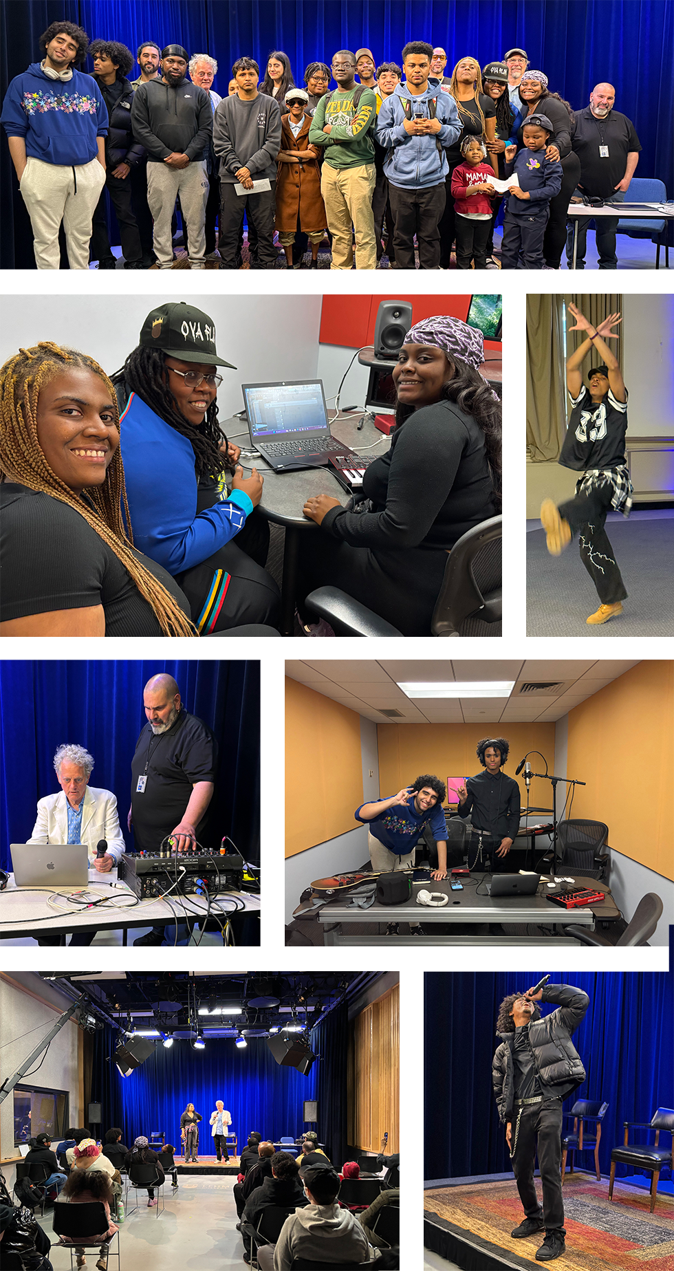 Collage of students making music on stage