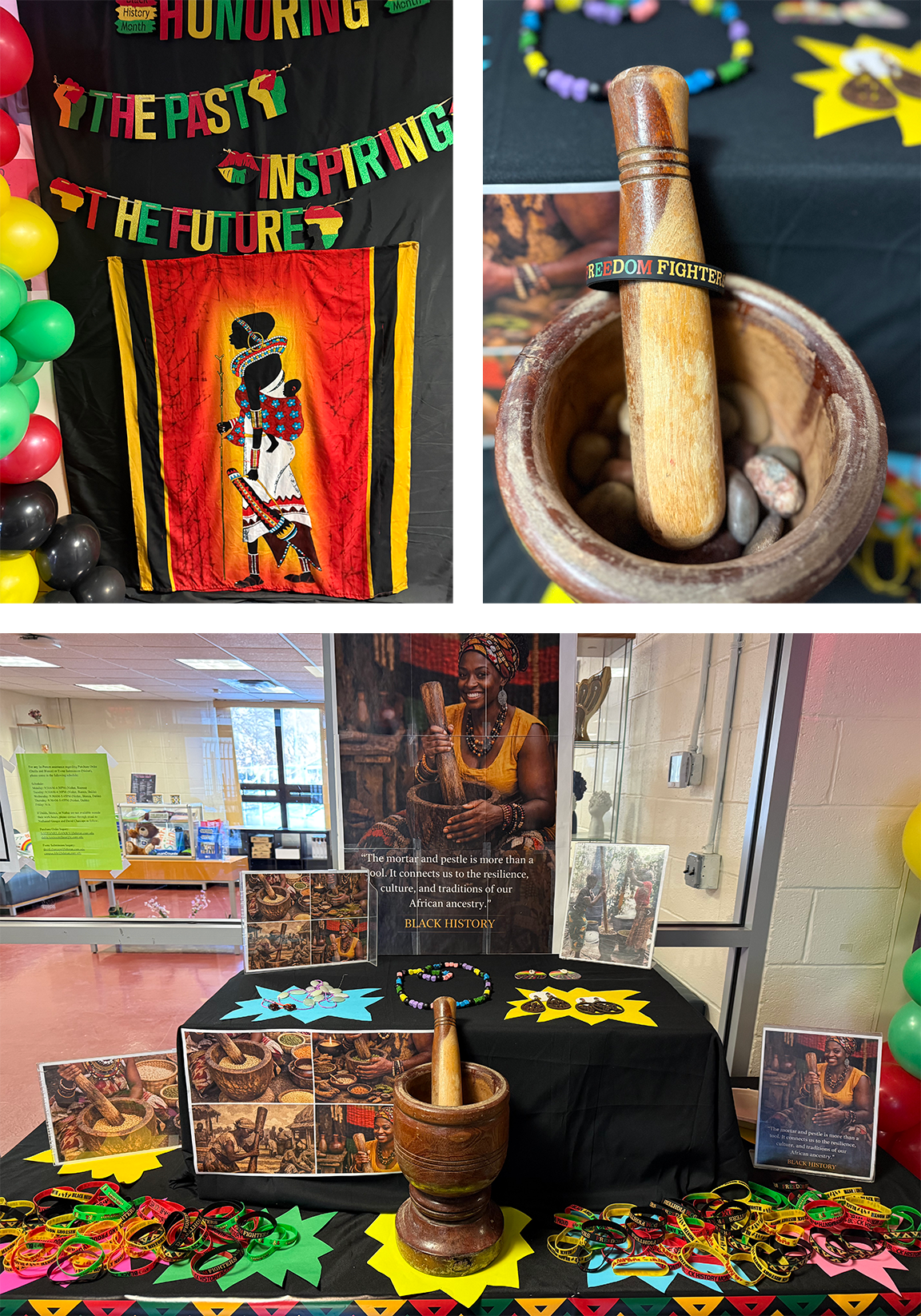 Collage of black history festivities with no people only decorations
