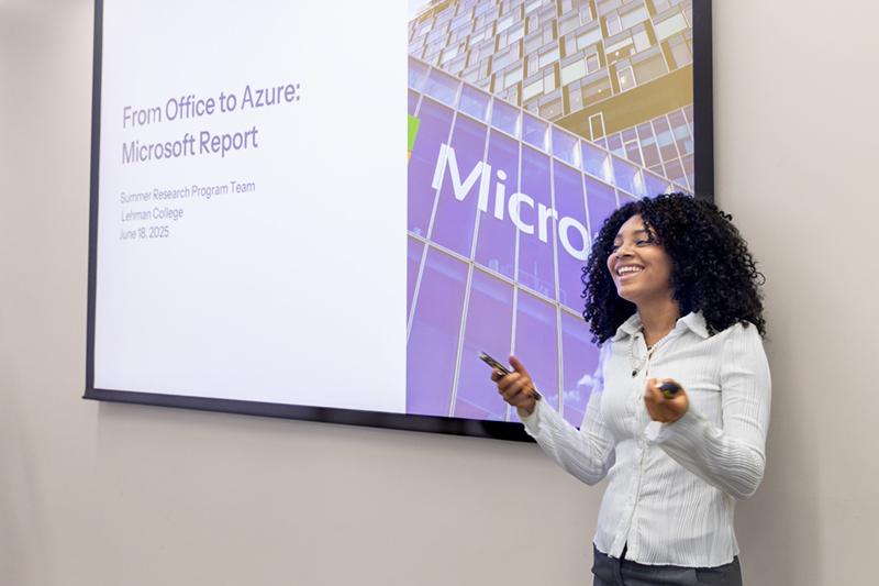 Student with Microsoft presentation