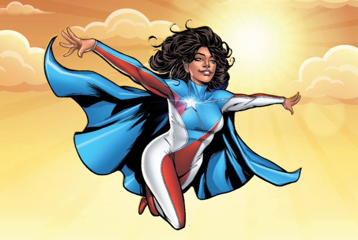 Comic - heroic woman flying