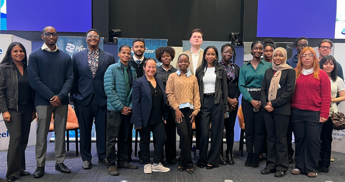 Lehman students and professors at Pfizer's New York City headquarters