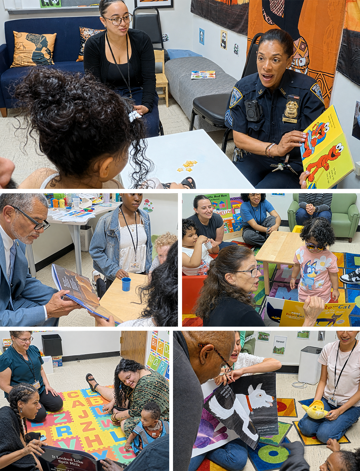 Collage of Lehman college Public safety officers reading to the little ones.