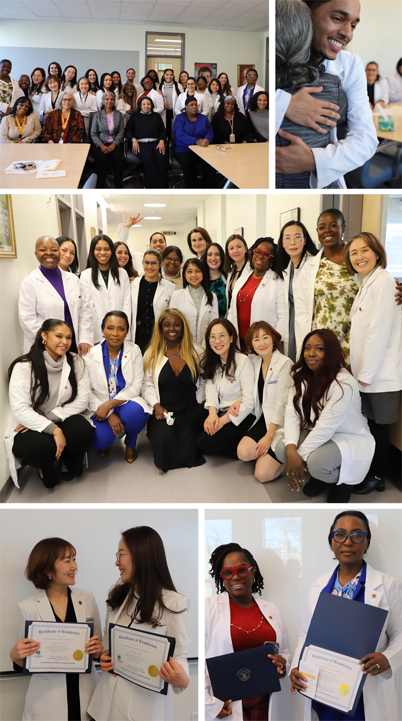 Nurses in white coats posed for a collage of photos