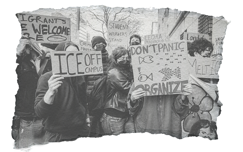 Stylized black and white photo of protesters