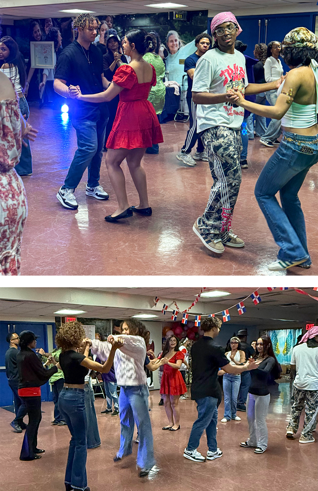 Two photos of students dancing in pairs