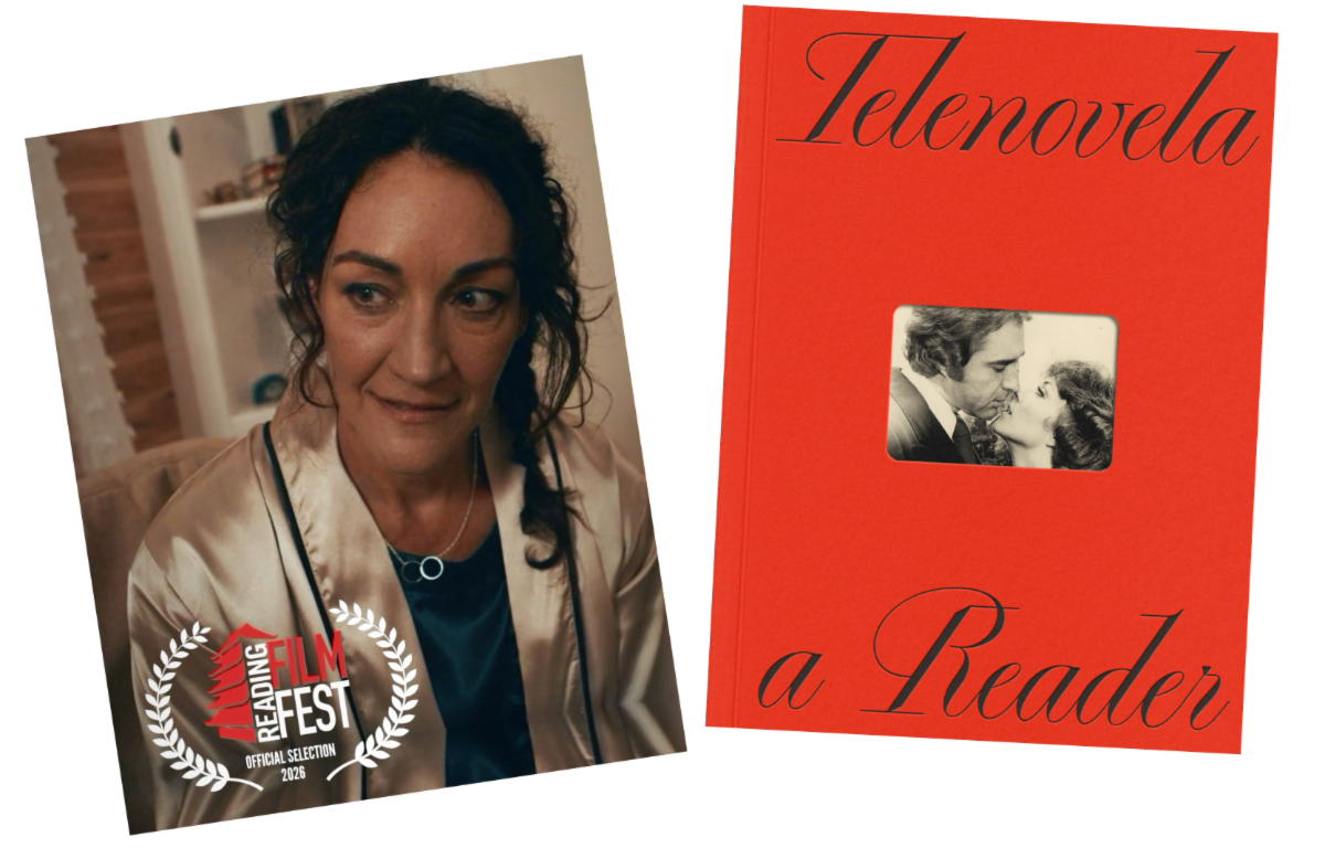 Movie Still with Jennifer McCabe and Red Book Cover For Telenovela