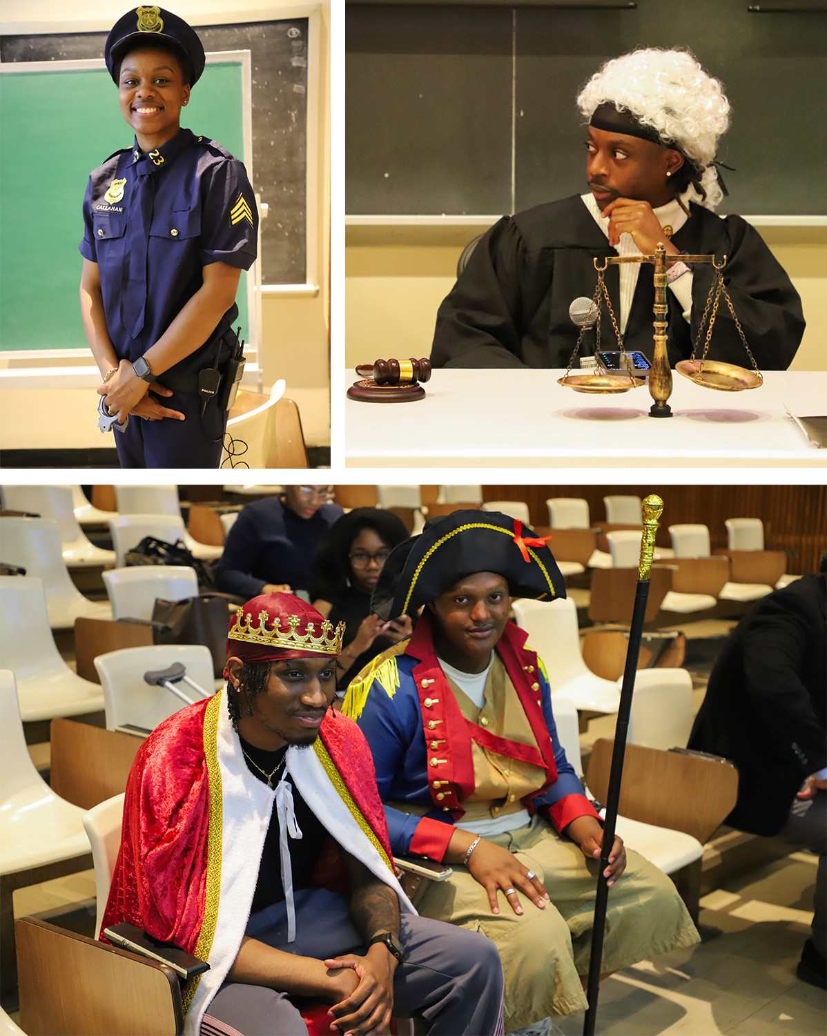 Collage off people dressed for a mock trial