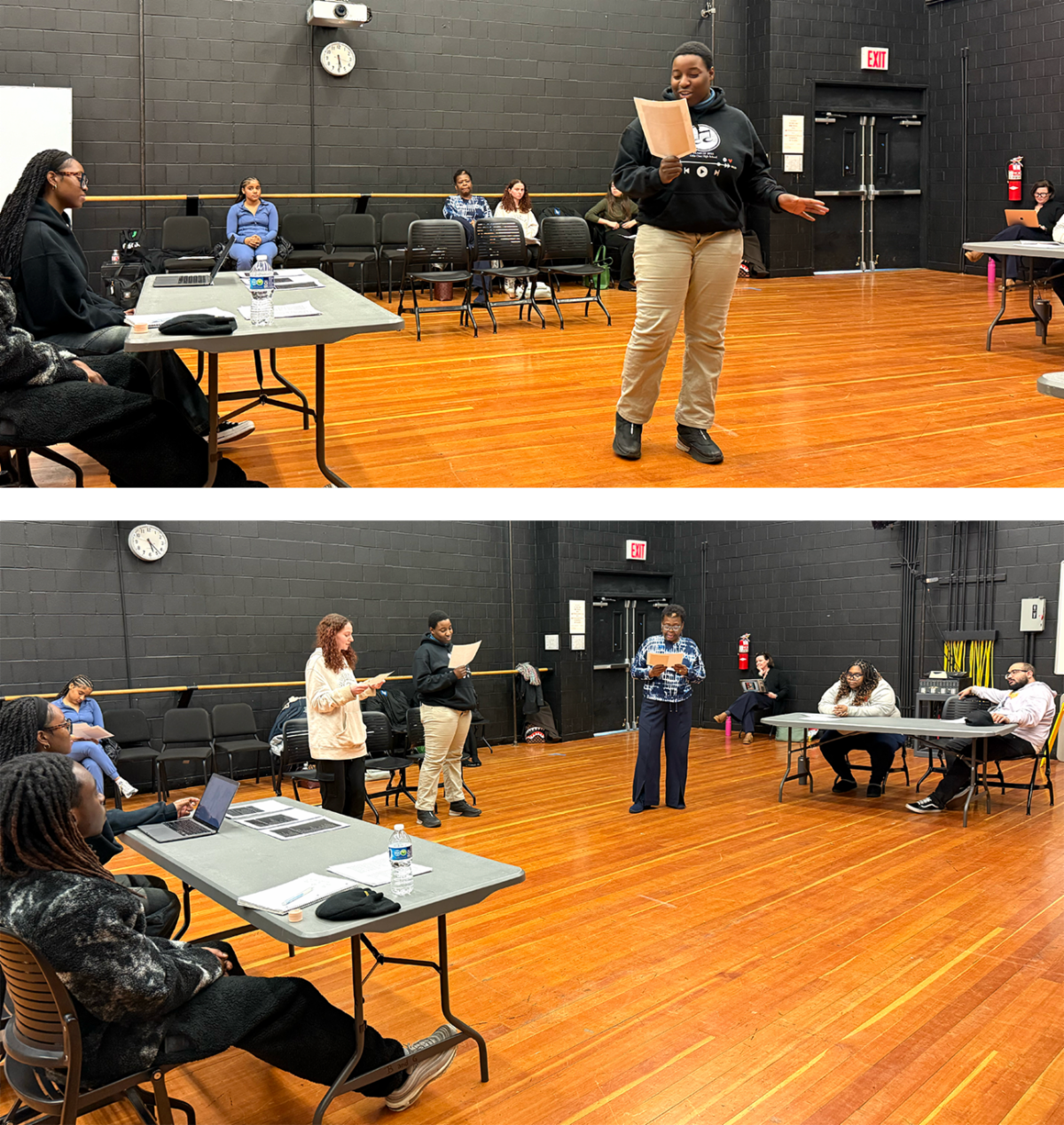 A backstage rehearsal space with individual students reading scripts