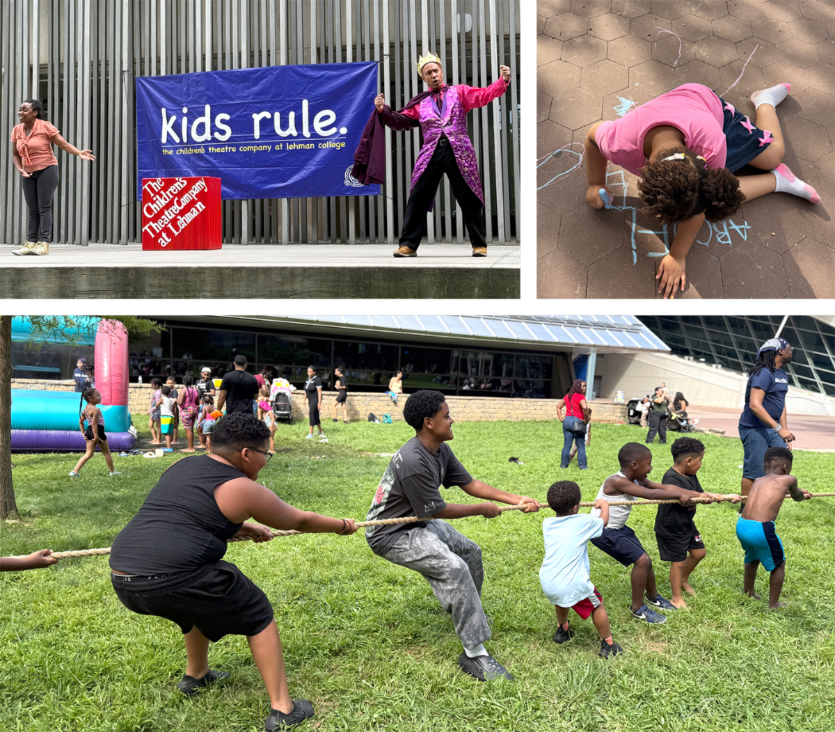 Collage of fun images with kids doing tug of war and more