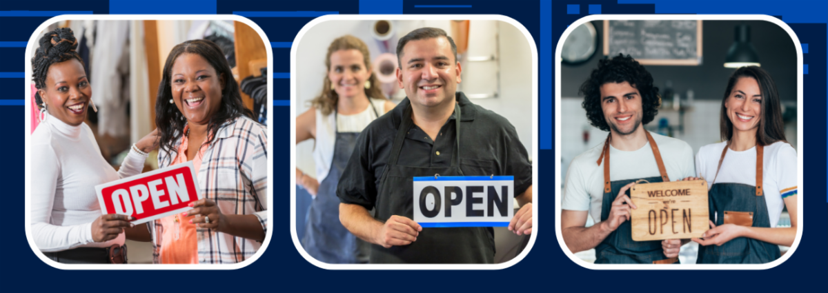 Collage of proprieters with Open signs stock image