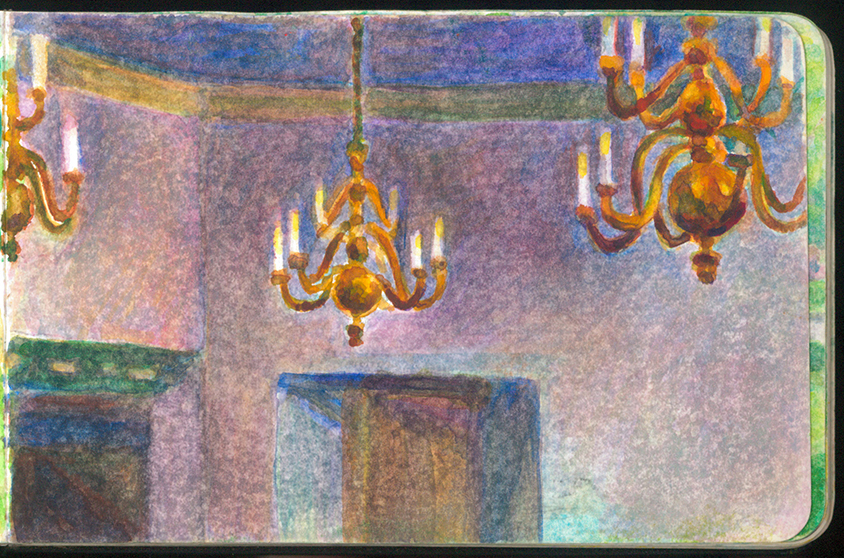 Chandeliers in a dark room