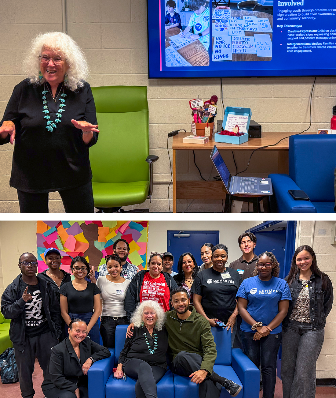 Collage of civic engagement session with guest speaker Carol Foresta