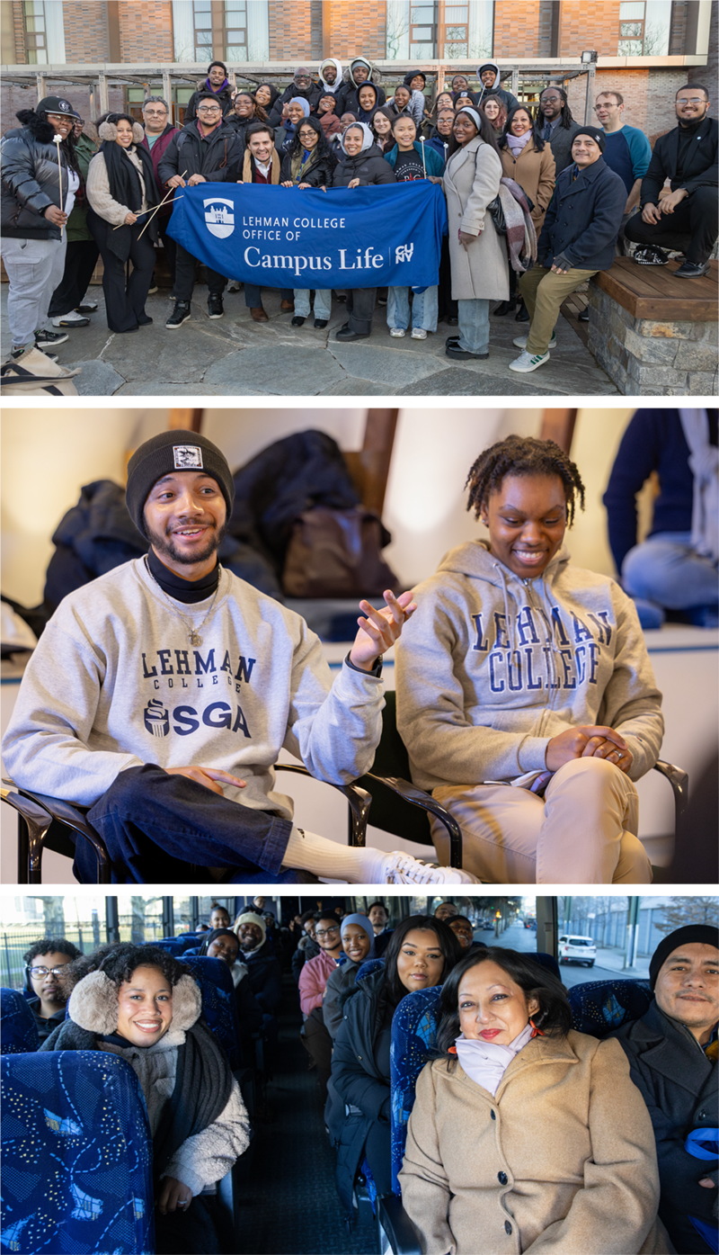 Collage of photos from bus to conference room with all of the participants