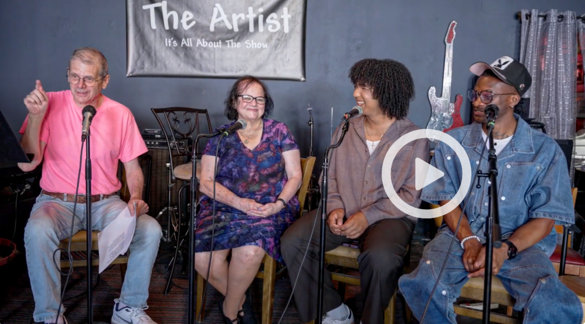 Photo of Professor Penny Prince, Cesar Salcedo, and Verdale Stinson Jr. discussing the original musical Rumpelstiltskin