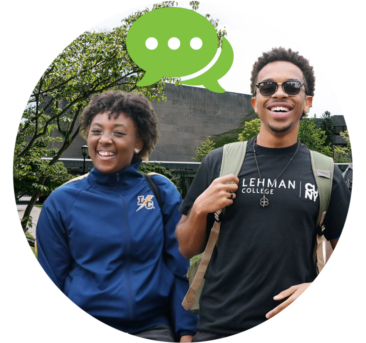 Photo of students with an illustrated speech bubble