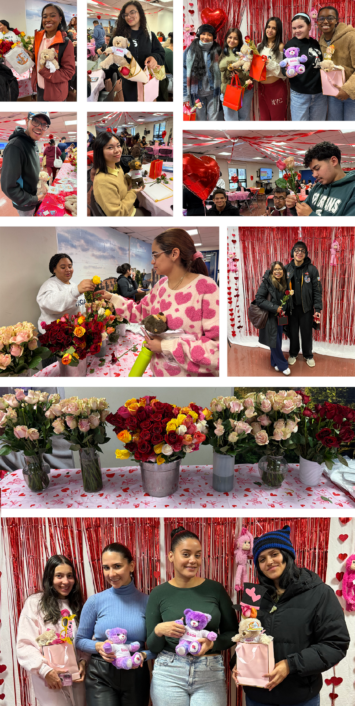 Collage of students with roses and pastel bears