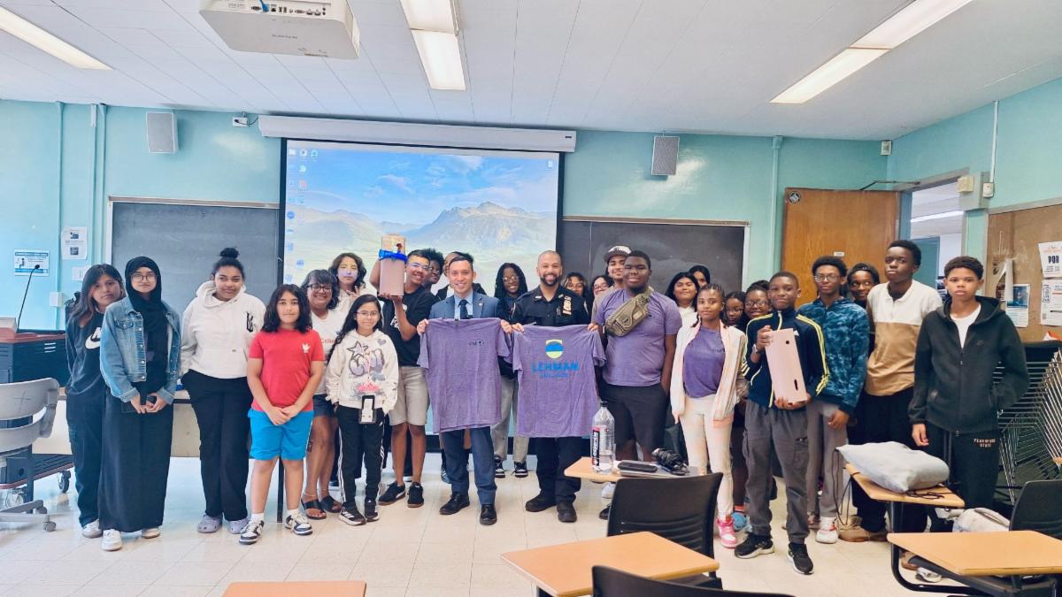Group photo of students in Lehman's STEP program at the Public Safety Stop the Bleed event 