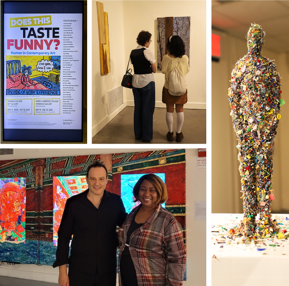 Collage of photos from opening of gallery exhibition 