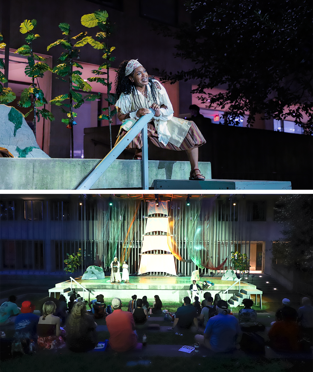 Top photo of female performing on stage at Lehman's amphitheatre. Bottom photo showing crowd watching Shakespeare's play. The Tempest on Stage