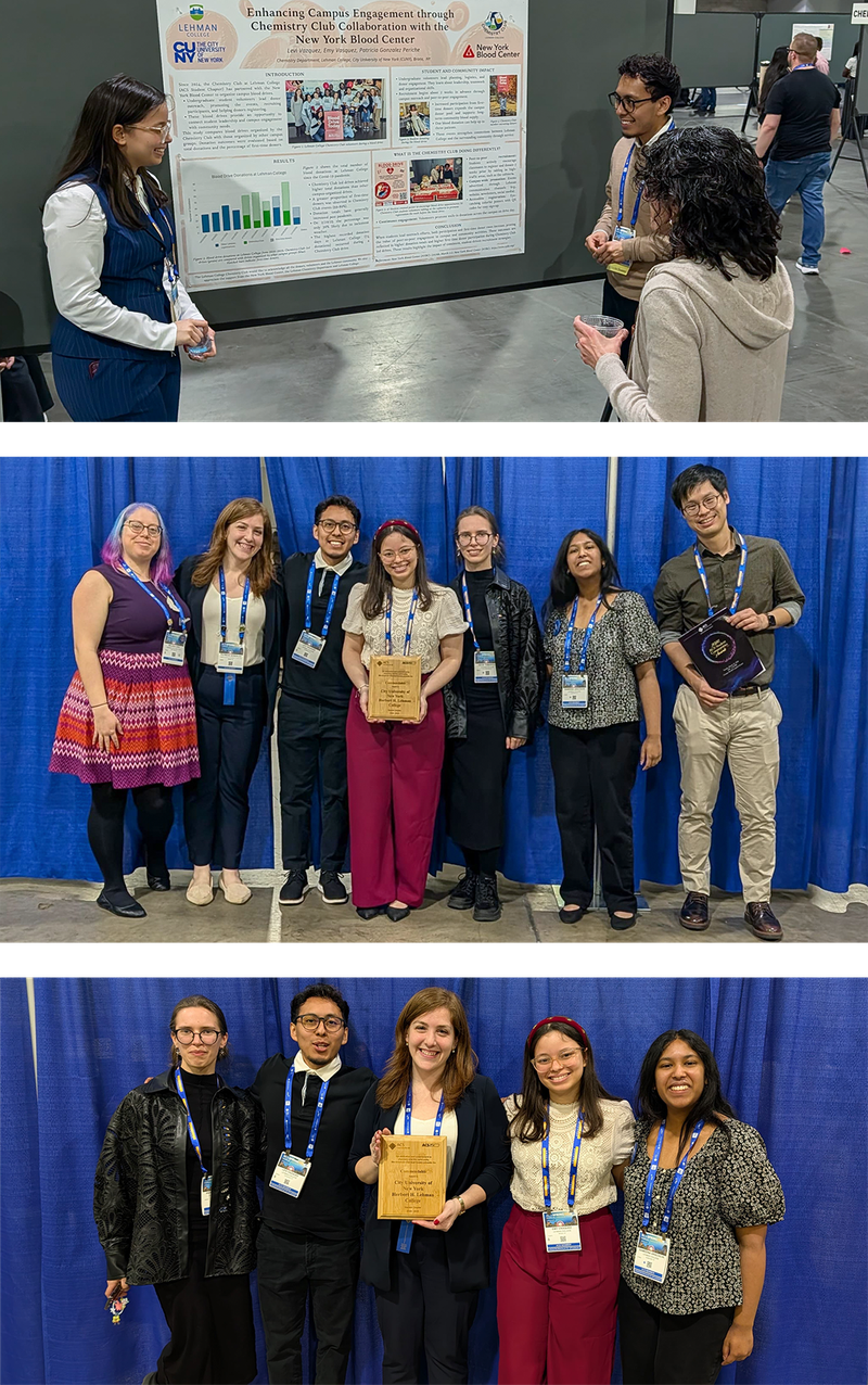 Collage showing a poster presentation as well as two group posed photos in front of a blue backdrop