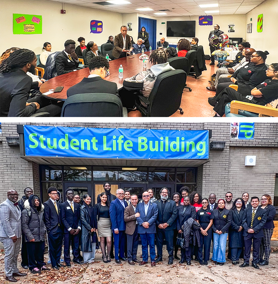 Collage of photos in front of student life building