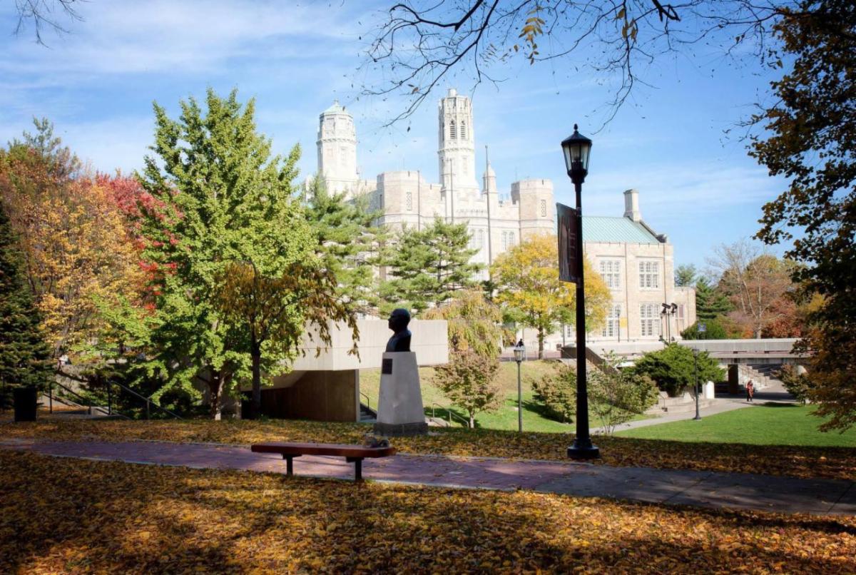 Stock photo of Lehman Statue and Music Building in Fall