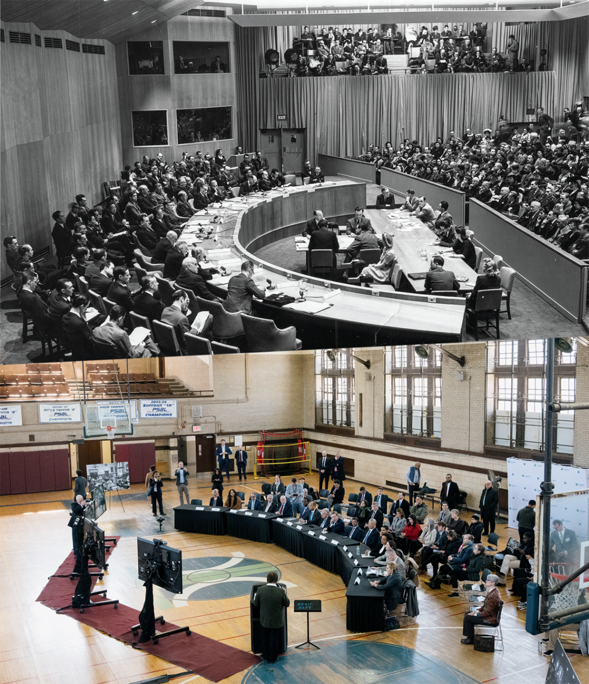 Then and now of UNSEC in the old gym including a black and white vintage photo and a new color one