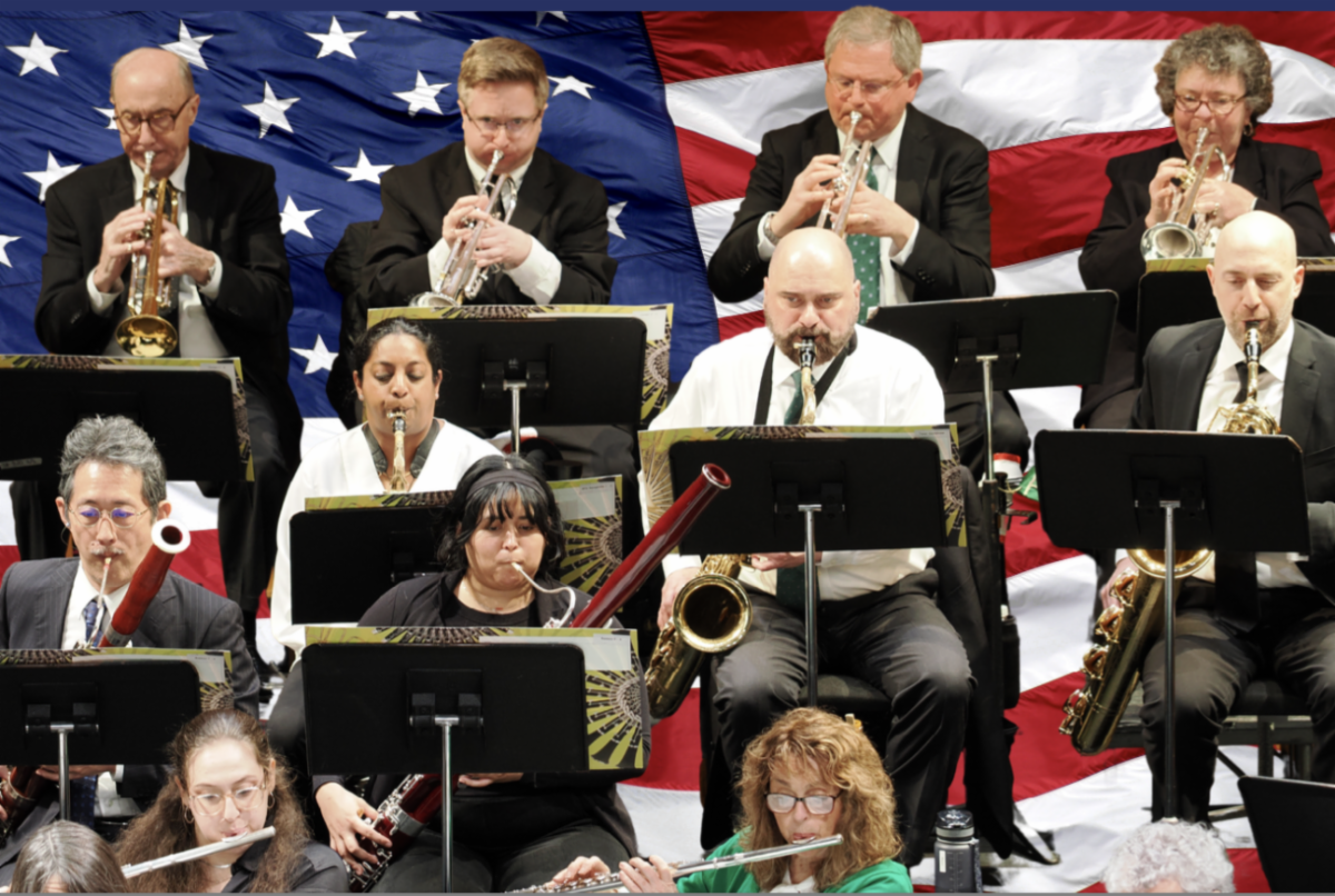 Montage of band on a giant american flag