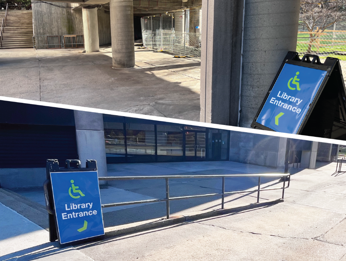 split screen photo of two directional signs down in the lower level of campus