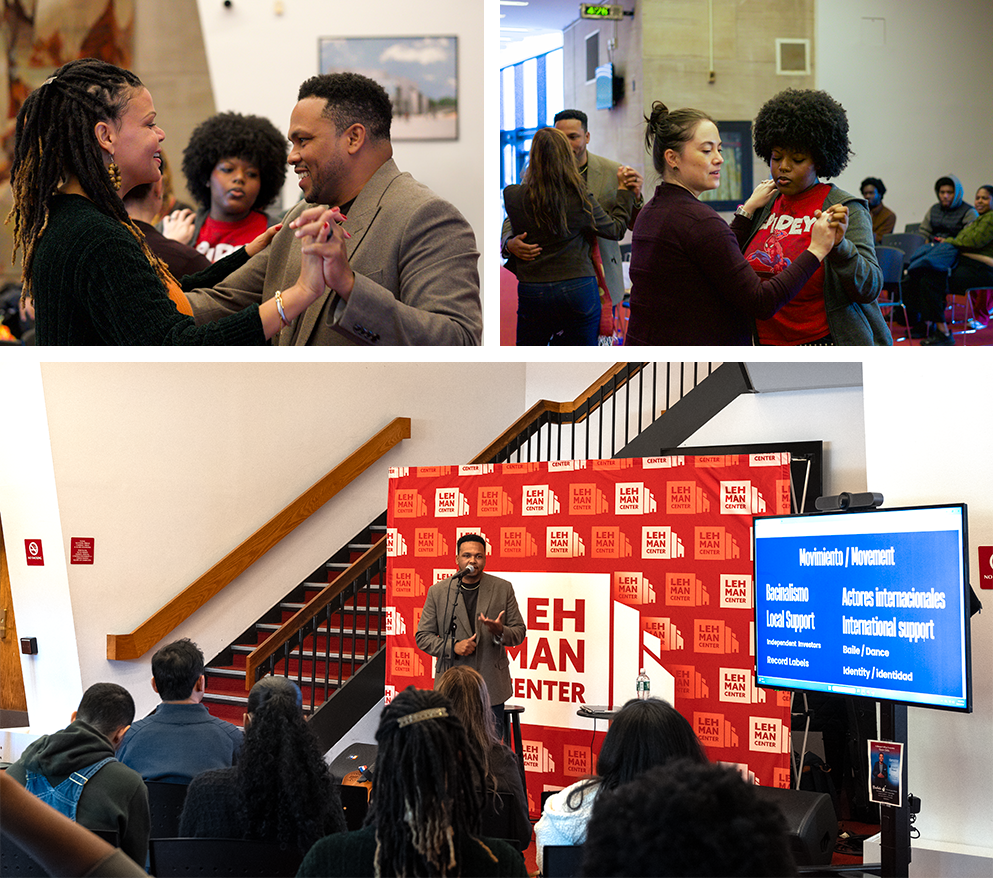 Collage of Bachata lecture and attentive listeners, also of attendees dancing. 